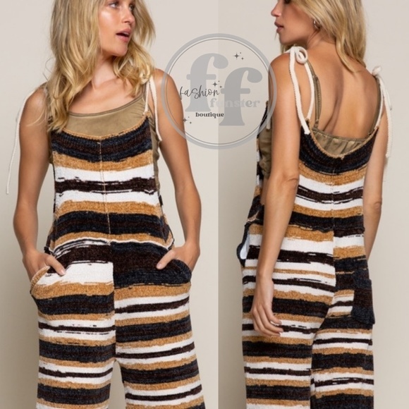 POL Striped One Piece Wide Leg Tie Strap Pocket Sweater Onesie Jumpsuit Overalls - Picture 5 of 6